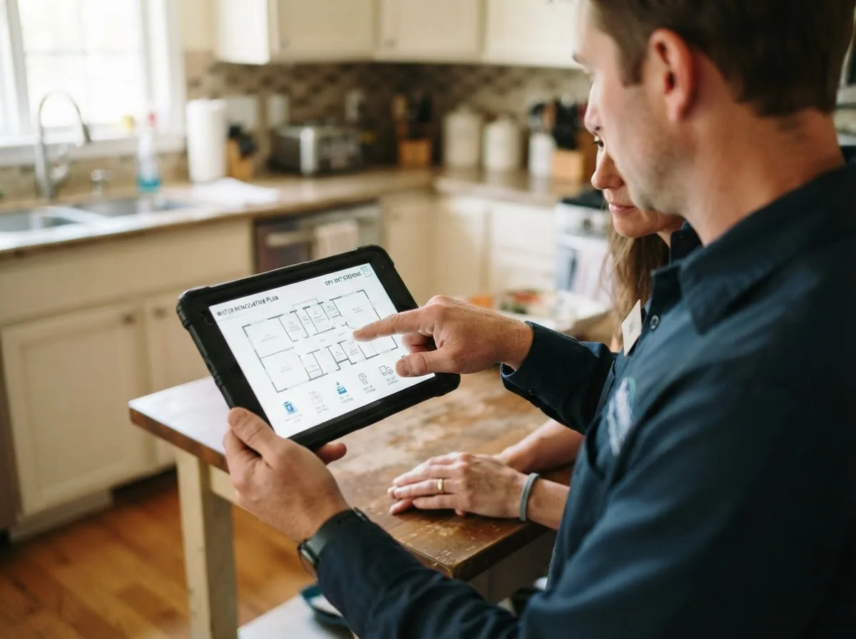 Water damage restoration technician inspecting a home in Illinois City, IL